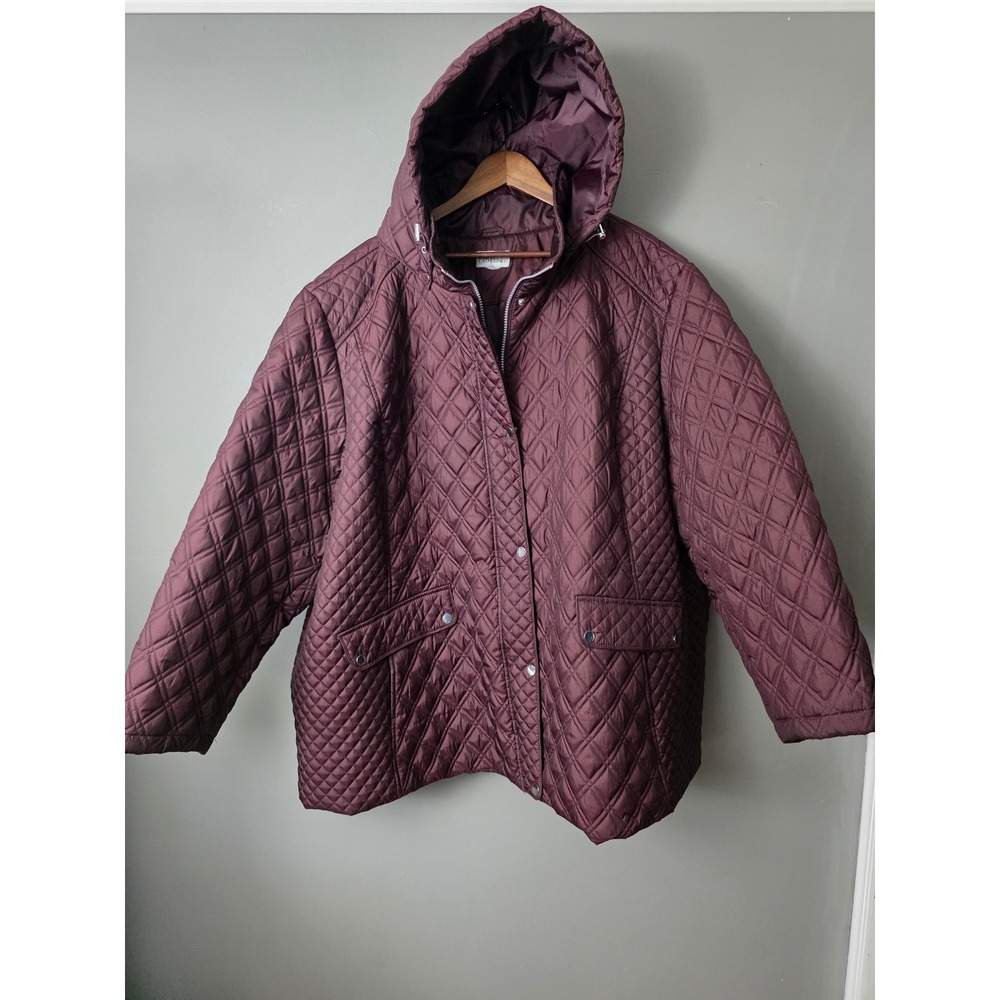 Catherines Burgundy Quilted Hooded Jacket Plus Size Zip Front Pockets Coat